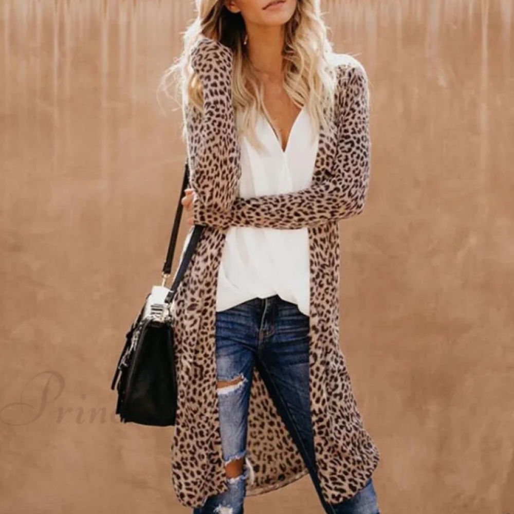 Leopard Print Open Front Cardigan sweater cheetah women brown lightweight